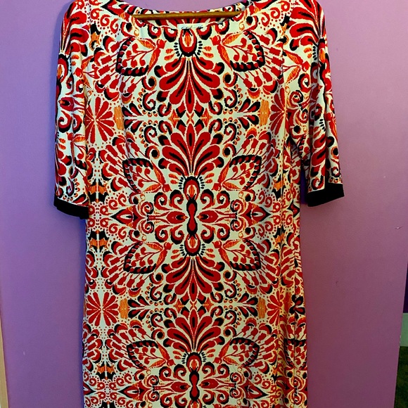 Eliza J Dresses & Skirts - Eliza J easy care comfortable dress. Size 10. Pink, orange and navy pattern.